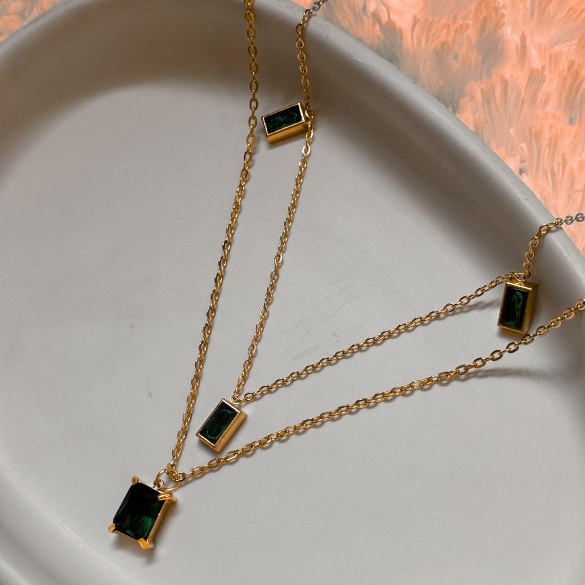 RSN01.2 Anti-Tarnish Double Layer Necklace (Emerald Green) - Image 1