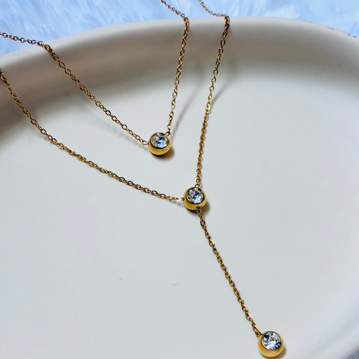 RSN06 Anti-Tarnish Double Layer Crystal Stud Necklace - Image 1